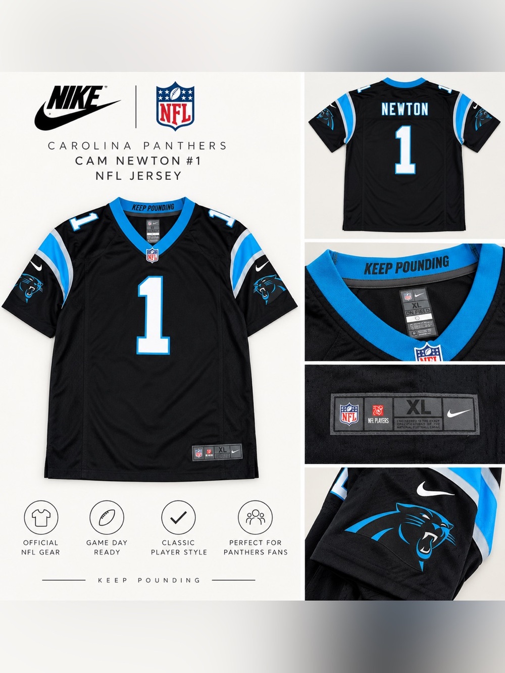 Nike Carolina Panthers Cam Newton #1 NFL Jersey Black Blue Boy’s XL